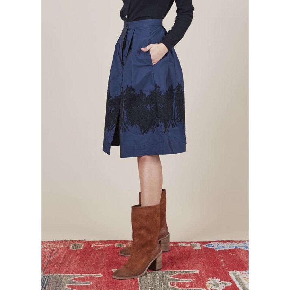 Sara Roka Skirt Womens 42 Navy Black Enny Embroidered Midi Made Italy Pockets